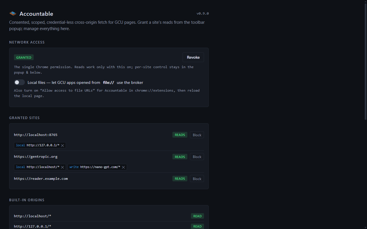 The Accountable options page: network access, granted sites with read/write/local chips