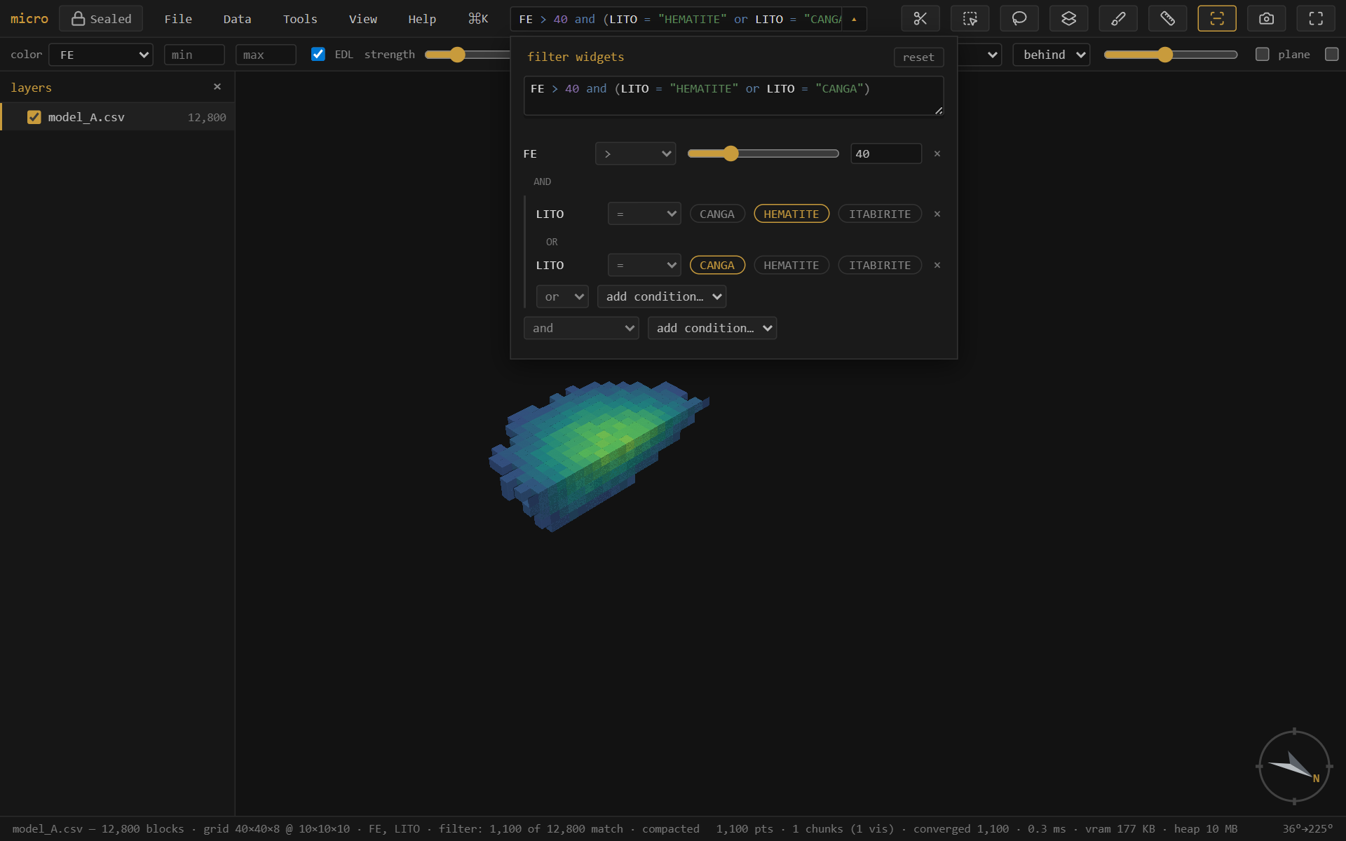 The filter drawer: sliders, category chips, an AND pill, and a bracketed group projected from the expression.