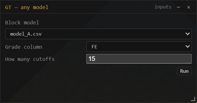 A small generated dialog with three questions — block model, grade column, and cutoff count — and a Run button.