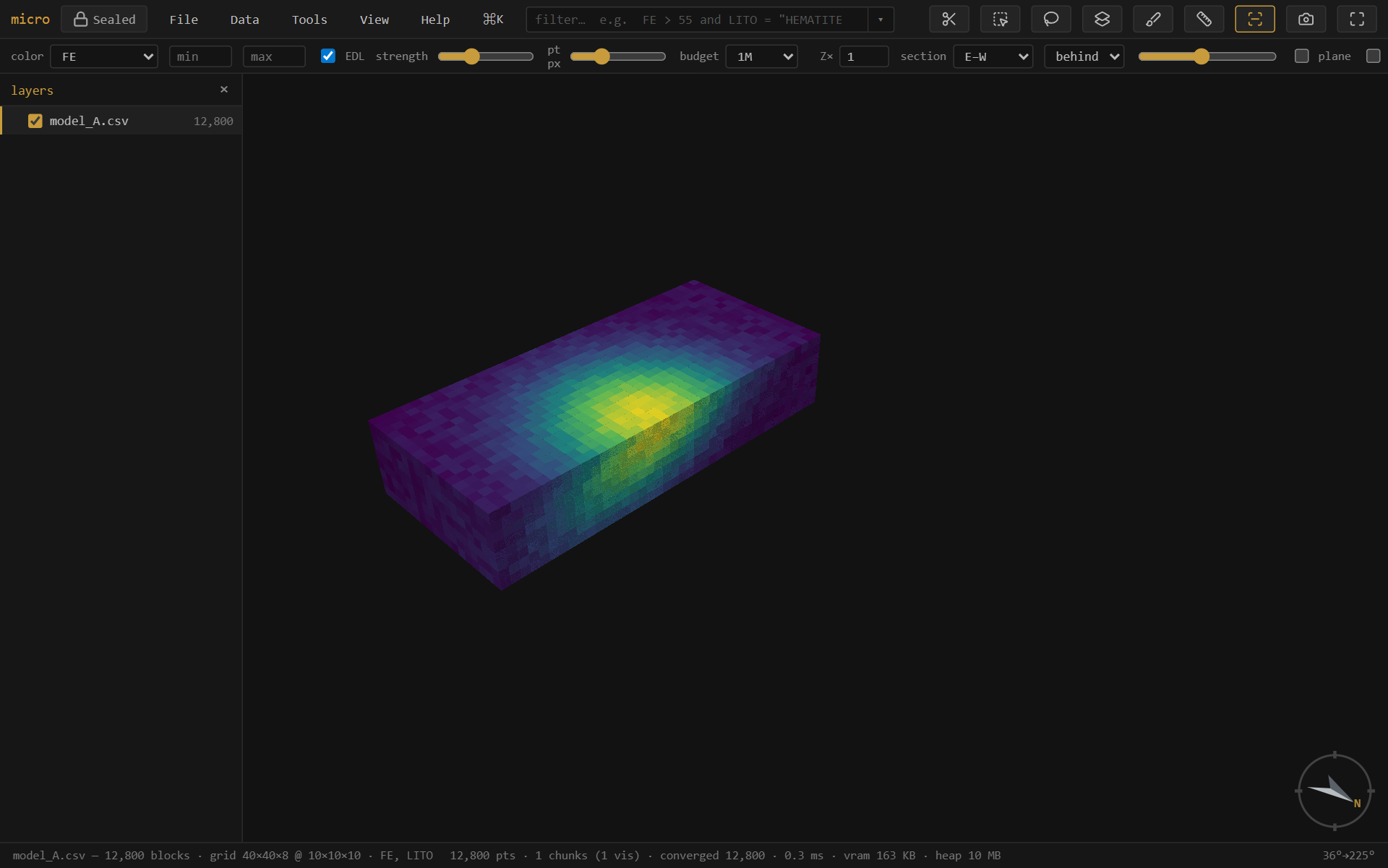 A block model in micro, colored by iron grade, showing a high-grade shoot.