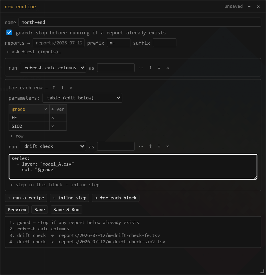 The routine editor: name, guard checkbox, report naming, a step list, and a for-each parameter table with grade rows FE and SIO2, with the Preview pane listing every step and its report path.