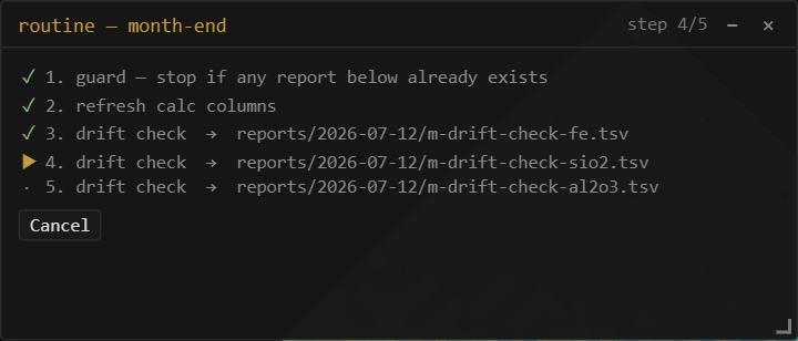 The run tracker window: five steps listed with green check marks on the finished ones, an arrow on the running one, step 4 of 5 in the title, and a Cancel button.