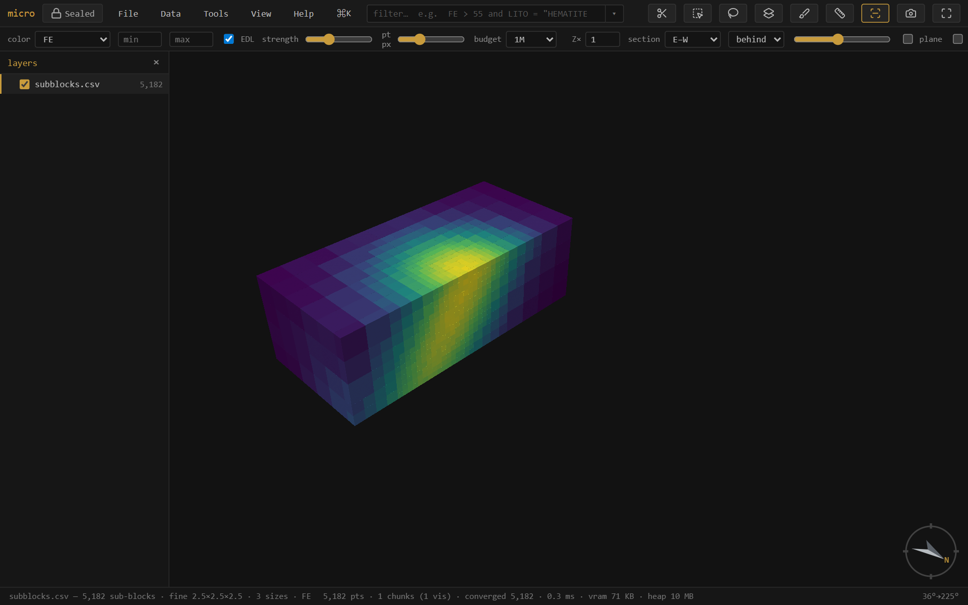A sub-blocked block model: coarse parent boxes away from the shoot, refined into small boxes through the high-grade core.