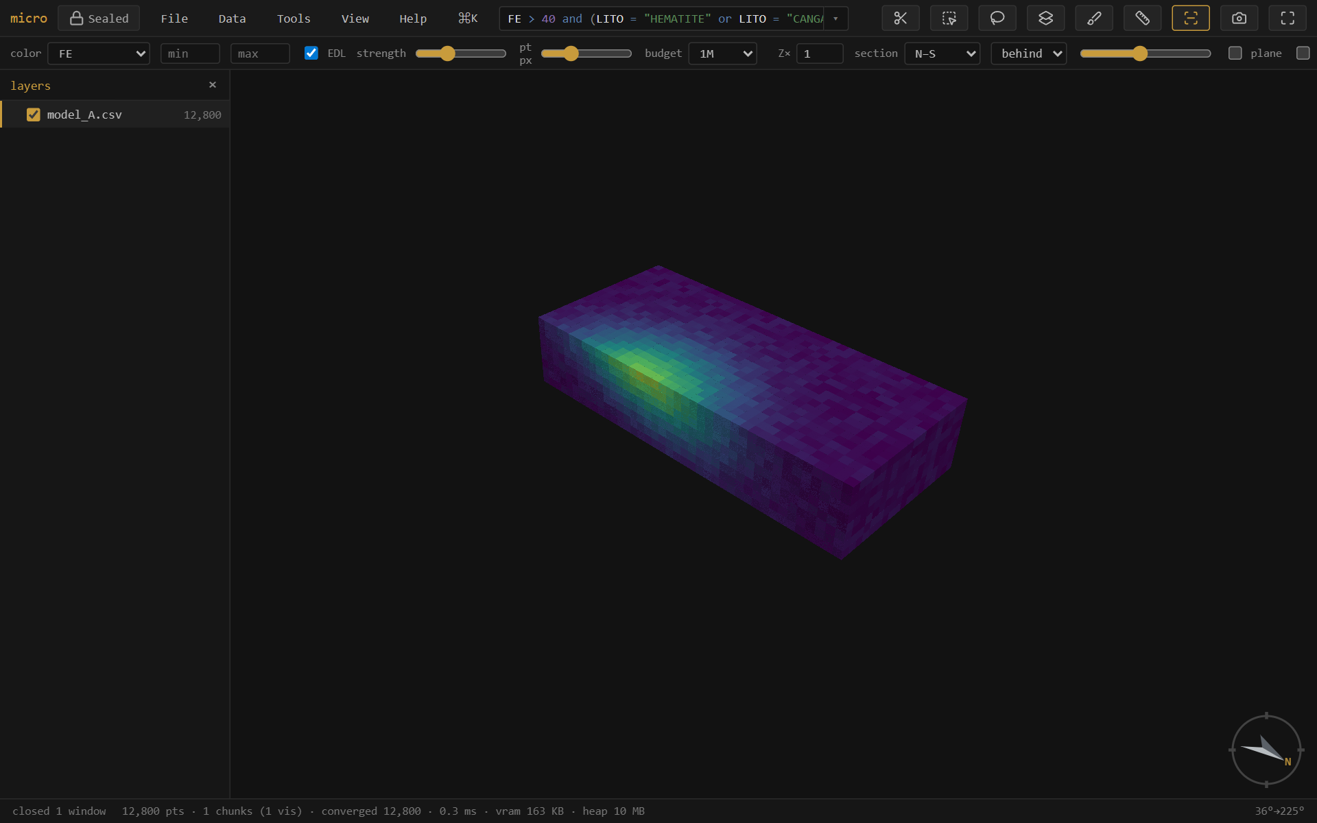 A thin N–S slab through the model: the cut face is a continuous, colored wall.