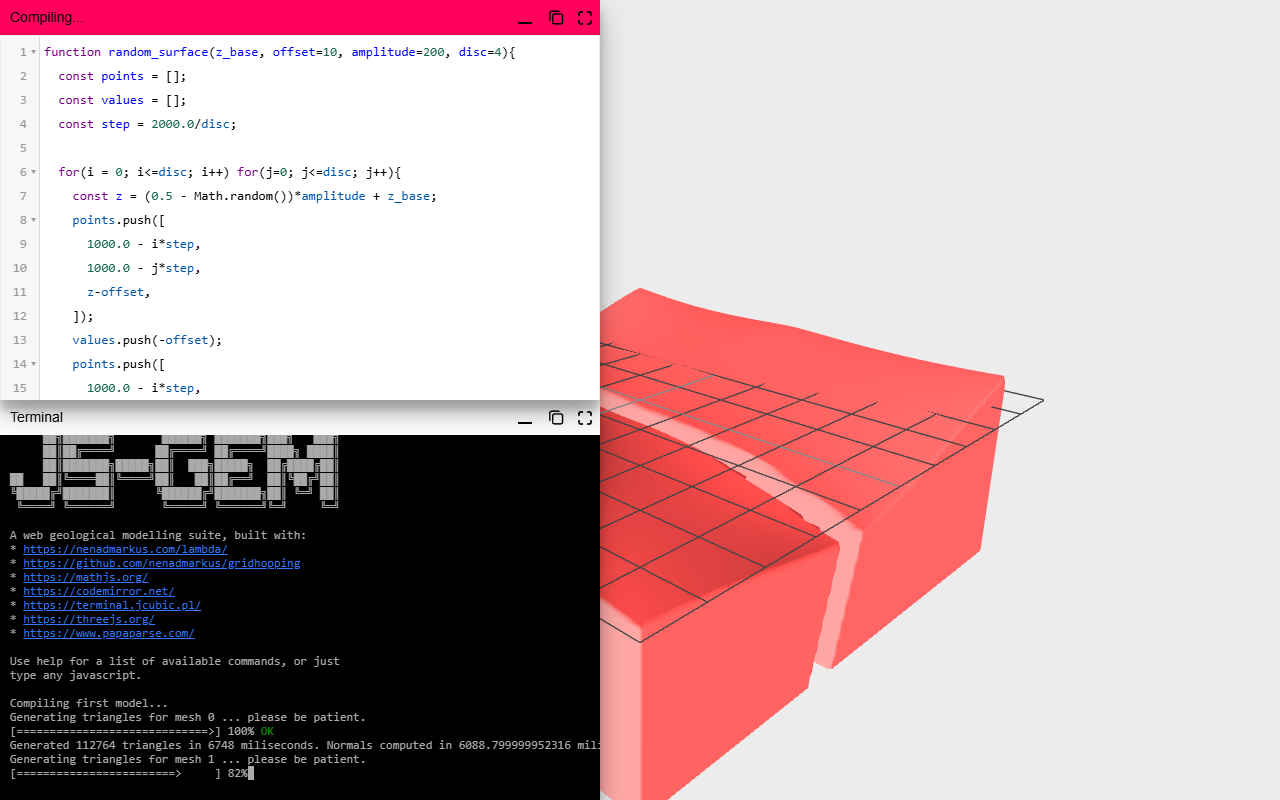 jsgem running — an implicit geological model marching-cubed into a 3D mesh